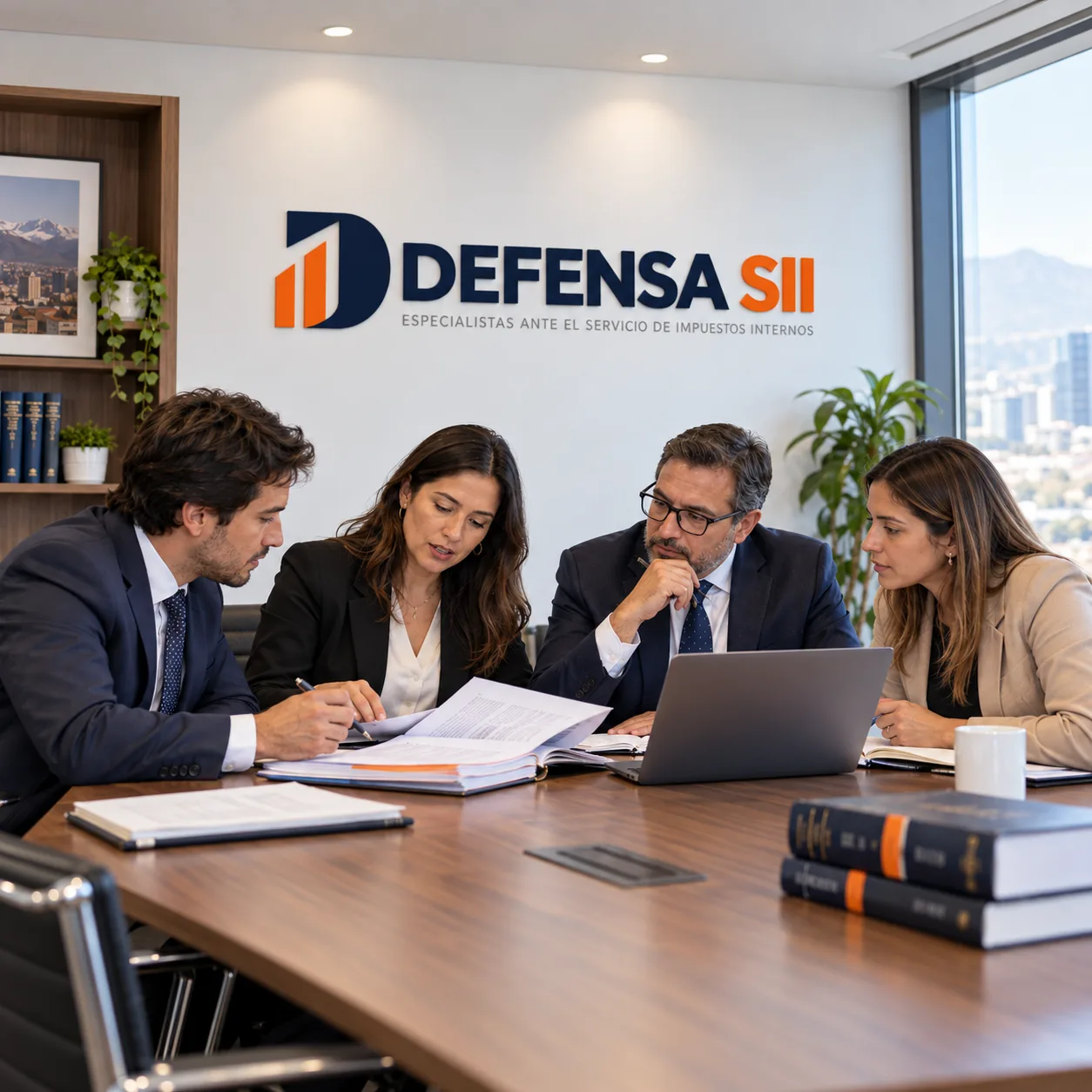 Equipo de abogados de Defensa SII revisando documentos en la oficina de Providencia